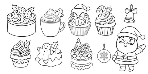 Christmas Sweets and Desserts Line Art | Cute Holiday Cupcakes, Gingerbread and Santa Treats Illustration