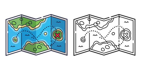 Folded treasure map with dotted path leading to red X on island folded map