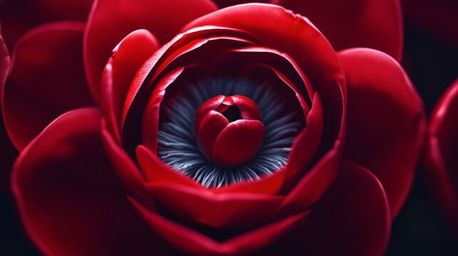 Close up of a red flower with a white center. The flower is the main focus of the image and it is the most beautiful part of the flower. The red color of the flower is vibrant and eye-catching - Powered by Adobe