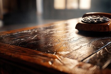 Obraz premium A vintage rotary telephone rests on a dark, richly textured wooden table. Soft light highlights the intricate wood grain, creating a nostalgic ambiance.