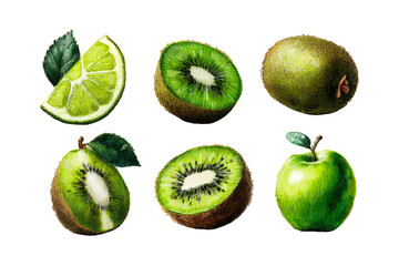 Fototapeta premium Vibrant sliced and whole fresh green fruits lime kiwi apple isolated on dark backdrop studio lighting isolated on transparent background