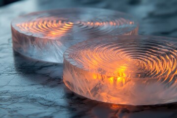 Two glowing, textured circular objects on a marble surface. Warm light illuminates their intricate spiral patterns, creating a mesmerizing abstract display.