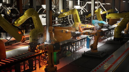 Automated robotic arms operate on a conveyor belt in a modern factory, assembling various products with precision and speed during a busy production cycle.