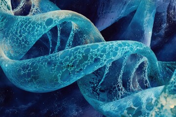Vibrant blue and cyan abstract double helix, possibly DNA, with cellular textures, emerging from a dark, sparkling background, symbolizing genetic science.