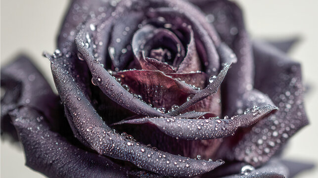 Detailed view of a dark purple rose covered in sparkling dew drops highlighting delicate petals with soft natural lighting and blurred background ambiance
