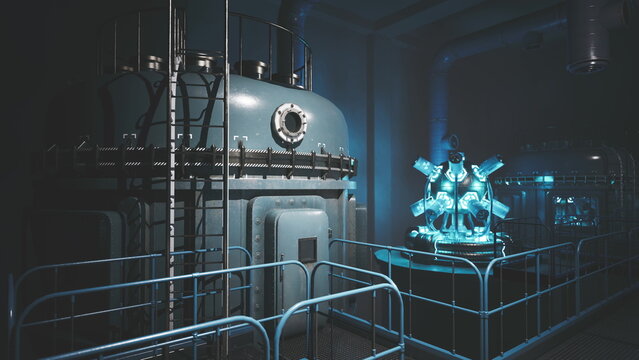 Inside a futuristic laboratory, large blue tanks and a glowing device are surrounded by railing, showcasing advanced scientific equipment in a high tech environment.