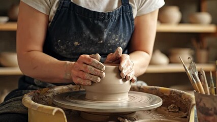 A person in a blue apron molds clay on a spinning pottery wheel, sculpting a vessel