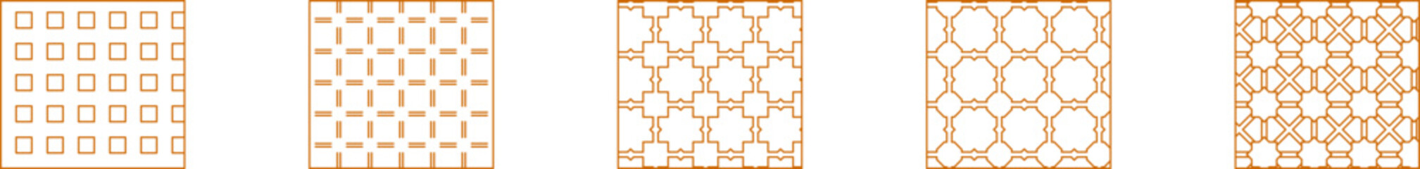 Minimalist orange line art of five repeating geometric tile patterns — ideal for textiles, wallpaper, or modern decorative graphic projects with warm tones.