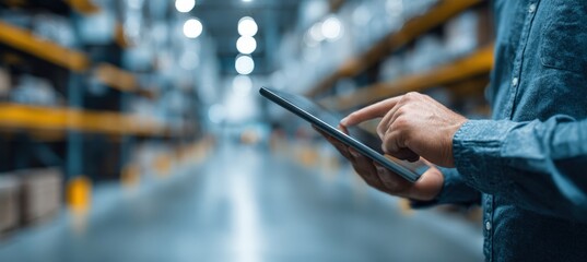 Logistics Manager Using Tablet in Warehouse Aisle with Blurred Shelves