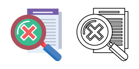 Magnifying glass over document with red cross symbol and outline version paper x mark