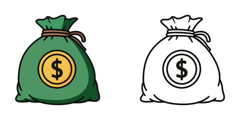 Green money bag with gold coin and dollar sign next to outline version green bag currency