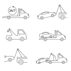 Tow truck, Car towing vector icon set isolated. Car evacuation sign. Line art