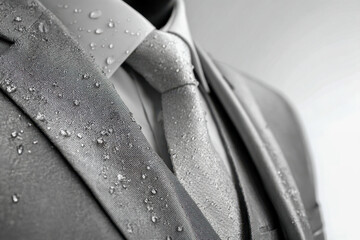 Rain droplets on an elegant grey suit and tie ensemble highlighting refined fabric texture and sharp tailoring with a sophisticated stylish look