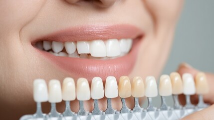 Person Comparing Teeth Shades with Color Palette for Dental Aesthetics