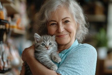 A smiling senior woman tenderly holds a fluffy grey tabby kitten, their joyful companionship radiating warmth and affection.