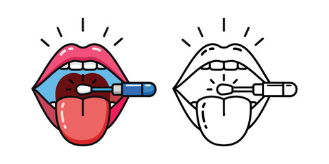 Open mouth with pink lips and tongue holding a blue swab for cleaning vector