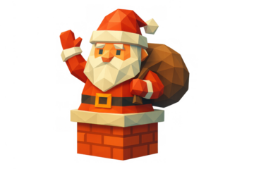Santa claus low poly illustration emerging from chimney, waving and carrying sack of gifts for christmas season