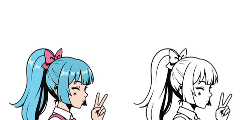 Anime girl with blue hair and pink bow making peace sign in profile view woman