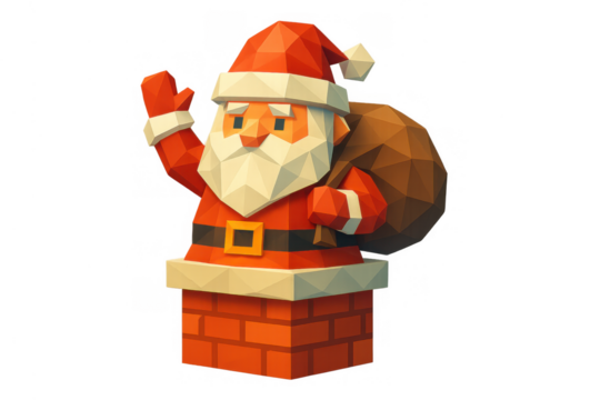 Santa claus low poly illustration emerging from chimney, waving and carrying sack of gifts for christmas season - Powered by Adobe