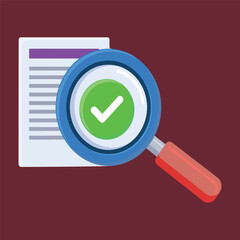 Magnifying glass over document with green checkmark approval symbol paper tick