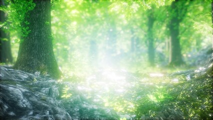 Obraz premium Golden rays of sunlight filter through the canopy, illuminating vibrant foliage and casting magical glows. A serene ambiance envelops this tranquil woodland at dawn, inviting peace.