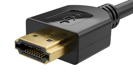 A close up view of a black displayport cable with a gold connector on a black background isolated