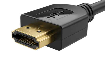 A close up view of a black displayport cable with a gold connector on a black background isolated