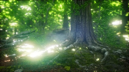 Obraz premium A warm glow emanates from sunlight piercing through a thick canopy, illuminating the textured roots of a majestic tree in a tranquil woodland. The atmosphere feels magical and serene.