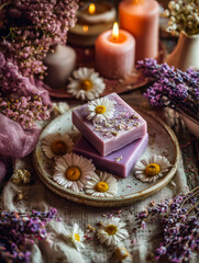 Elegant floral soap display with candles and daisies for a soft, calming ambiance