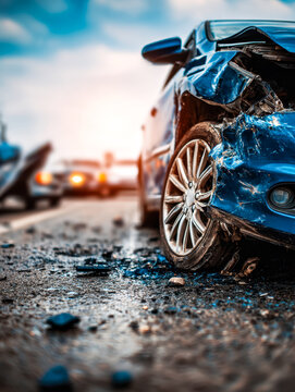 Damaged blue car after a collision on a busy road
