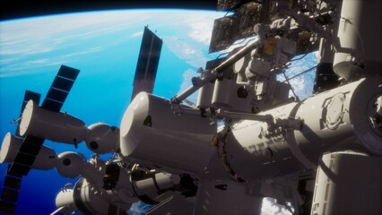 In a breathtaking perspective, a futuristic space station hovers against the backdrop of Earth, revealing intricate details of its structure while sunlight glistens off the planets surface below.