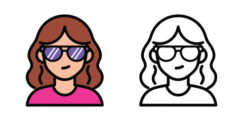 Cartoon woman with purple sunglasses and pink shirt next to outline version girl avatar
