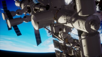 Floating high above Earth, the International Space Station showcases intricate modules and solar panels against the breathtaking backdrop of our planets blue atmosphere and wispy clouds.