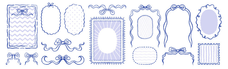 Frame border with bow ribbon. Whimsical vintage menu frame for wedding, birthday. Bow ribbon design, hand drawn coquette blue line illustration. Vector watercolor coastal wedding menu bg. Cute poster