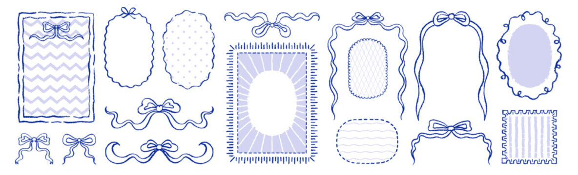 Frame border with bow ribbon. Whimsical vintage menu frame for wedding, birthday. Bow ribbon design, hand drawn coquette blue line illustration. Vector watercolor coastal wedding menu bg. Cute poster