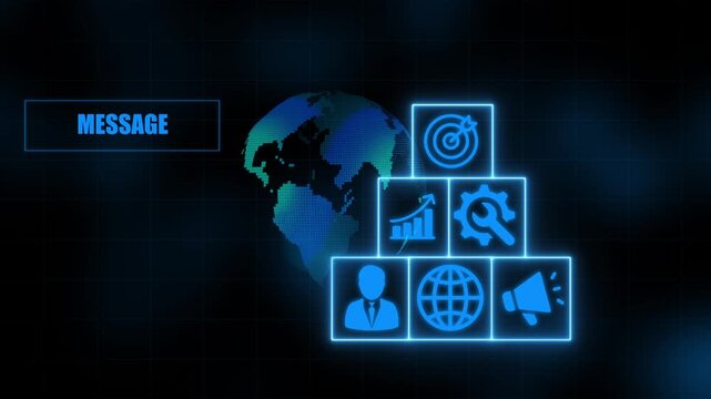 Global Message Strategy Business Icons with Earth Globe and Neon Glow 