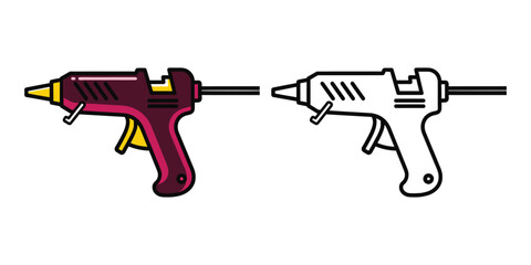Two hot glue guns one colored pink and yellow outline one black and white outline tool