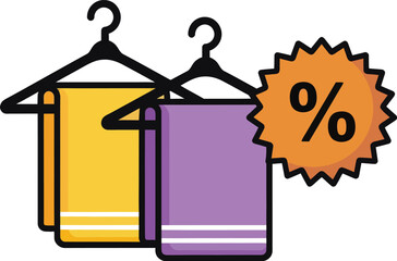 Yellow and purple towels on hangers with orange percentage sale tag clothing