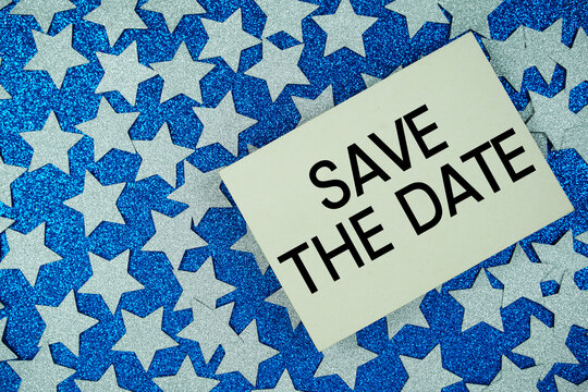 Save The Date Card on Blue Glitter Star Background