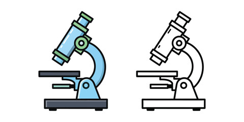 Blue and green cartoon microscope with black outline on white background science laboratory