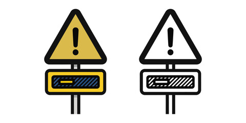 Yellow warning sign with exclamation mark and blue striped sign below caution sign danger sign