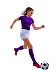 Fototapeta premium A beautiful woman football player isolated on a transparent background. Full-body in action, shot of a woman athlete in a purple jersey, running, dribbling a soccer ball. graphic for posters, ads. PNG