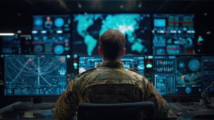 Army Officer Monitoring Digital Radar in Futuristic Military Control Room