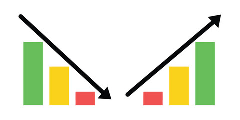 Two bar charts showing contrasting trends with downward and upward arrows graph data