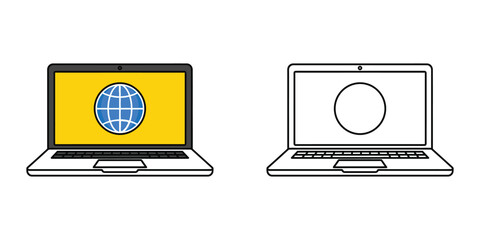 Two laptops one with a blue globe on yellow screen and one outline computer technology