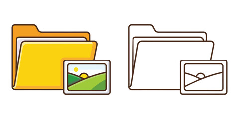 Yellow folder with landscape image icon and outline folder icon vector