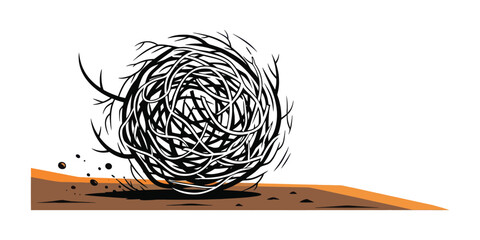 Black and white tumbleweed rolling across brown and orange desert ground plant
