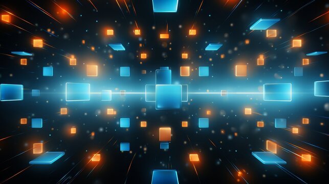 Computer generated image of a colorful, abstract pattern of squares and rectangles. The squares are blue and orange, and the rectangles are blue and orange as well. The image has a futuristic