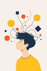 Modern vector illustration of a young person with abstract shapes emerging from the head, symbolizing creativity, imagination, thoughts, learning, and mental growth.