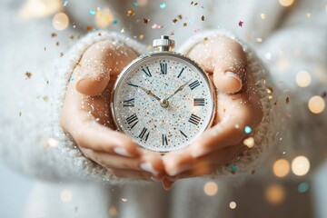 Hands gently hold a sparkling pocket watch, glitter falling around it. A festive, magical scene symbolizing new beginnings and precious moments.